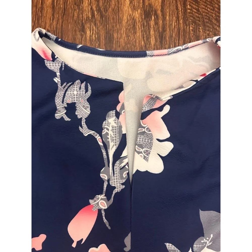 SHEIN Dress Womens Size L Navy Blue Floral Print‎ Short Sleeve Split V-Neck